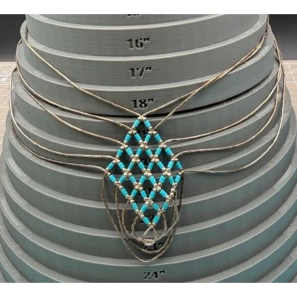 Vintage Southwestern 5 Strand Liquid Sterling Silver Weave with Teal Blue Beads - Picture 4 of 8
